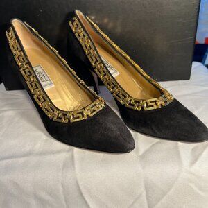 Gianni Versace Luxury Black Suede Gold Chain Pump